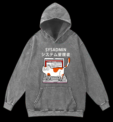 SYSADMIN Cat Vintage Washed 100% Cotton Hoodie