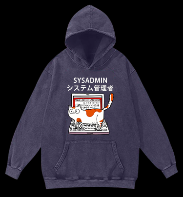 SYSADMIN Cat Vintage Washed 100% Cotton Hoodie