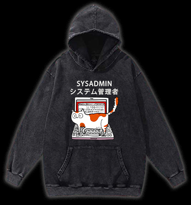SYSADMIN Cat Vintage Washed 100% Cotton Hoodie