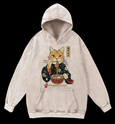 Noodle Cat Vintage Washed 100% Cotton Hoodie
