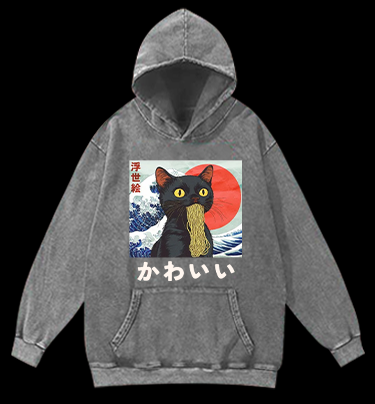 Cat Eating Noodles Vintage Washed 100% Cotton Hoodie