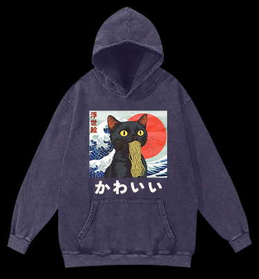 Cat Eating Noodles Vintage Washed 100% Cotton Hoodie