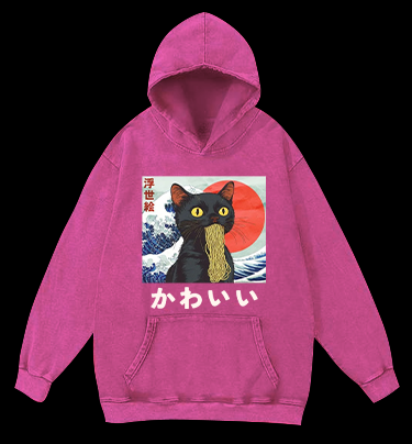 Cat Eating Noodles Vintage Washed 100% Cotton Hoodie