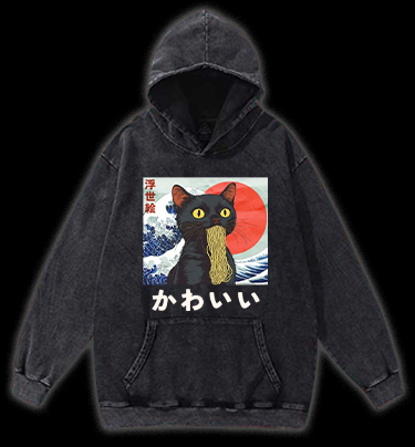 Cat Eating Noodles Vintage Washed 100% Cotton Hoodie