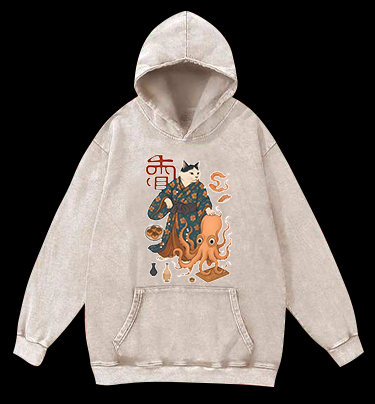 Cat Warrior Vintage Washed 100% Cotton Hoodie