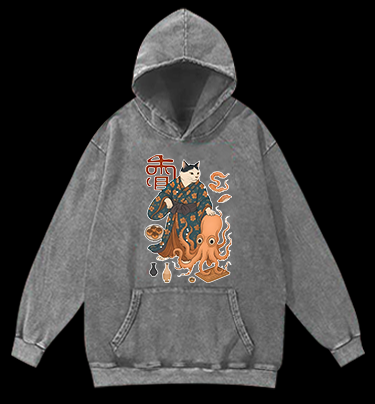 Cat Warrior Vintage Washed 100% Cotton Hoodie