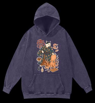 Cat Warrior Vintage Washed 100% Cotton Hoodie