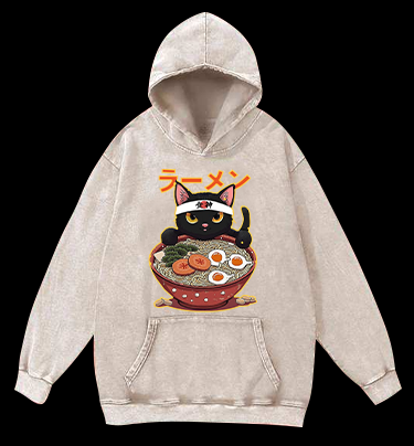 Neko Ramen Master Cat Vintage Washed 100% Cotton Hoodie
