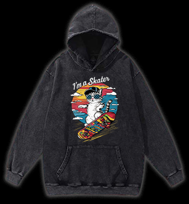 Street Cat Skater Vintage Washed 100% Cotton Hoodie