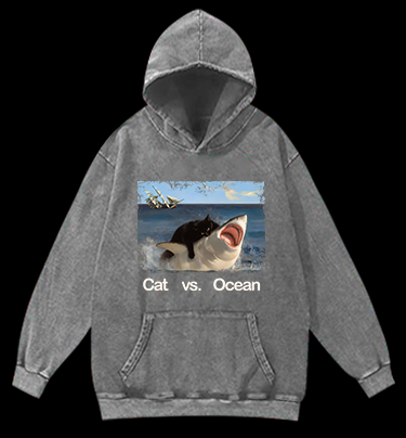 Cat vs Ocean Vintage Washed 100% Cotton Hoodie