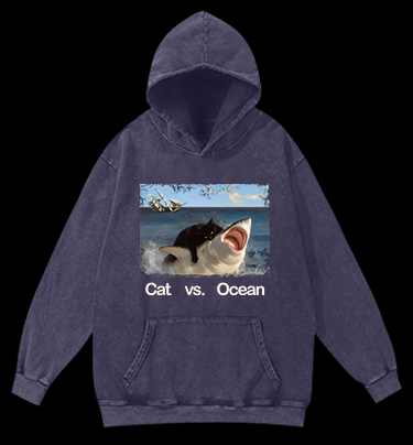 Cat vs Ocean Vintage Washed 100% Cotton Hoodie