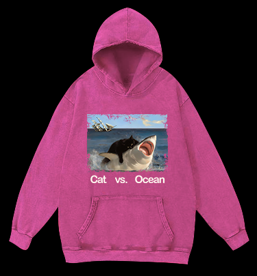 Cat vs Ocean Vintage Washed 100% Cotton Hoodie