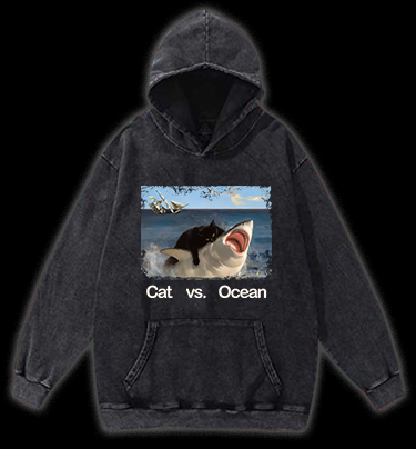 Cat vs Ocean Vintage Washed 100% Cotton Hoodie