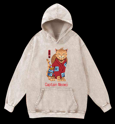Katana Cat Vintage Washed 100% Cotton Hoodie