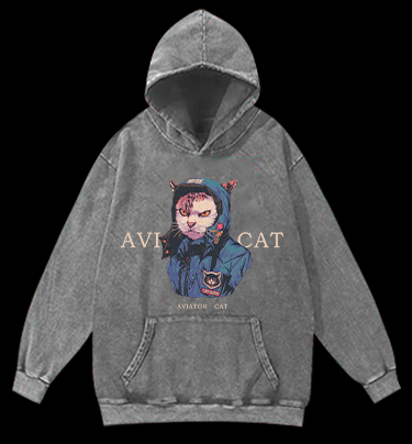 Aviator Cat Vintage Washed 100% Cotton Hoodie