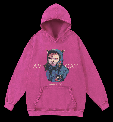 Aviator Cat Vintage Washed 100% Cotton Hoodie