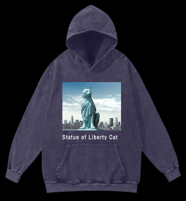 Statue of Liberty Cat Vintage Washed 100% Cotton Hoodie