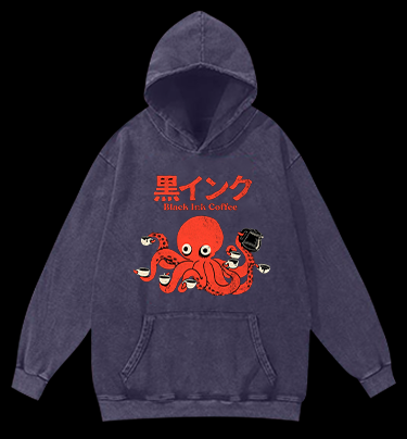Coffee - Loving Octopus Vintage Washed 100% Cotton Hoodie