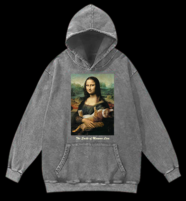 The Smile of Meowna Lisa Cat Vintage Washed 100% Cotton Hoodie