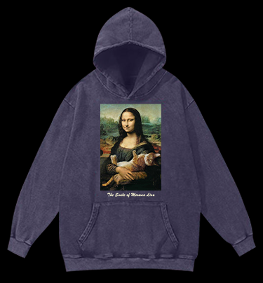 The Smile of Meowna Lisa Cat Vintage Washed 100% Cotton Hoodie