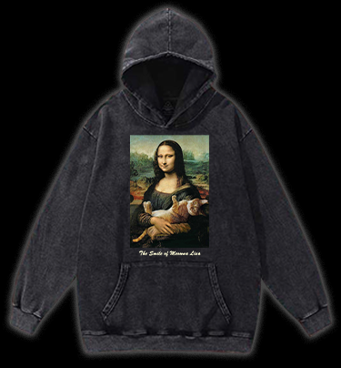 The Smile of Meowna Lisa Cat Vintage Washed 100% Cotton Hoodie