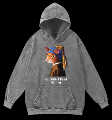 Jan Vermeer:Cat With A Pearl Earring Shark Vintage Washed 100% Cotton Hoodie