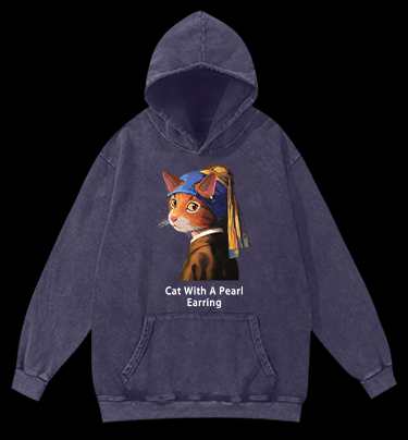 Jan Vermeer:Cat With A Pearl Earring Shark Vintage Washed 100% Cotton Hoodie