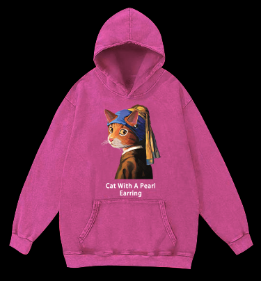 Jan Vermeer:Cat With A Pearl Earring Shark Vintage Washed 100% Cotton Hoodie