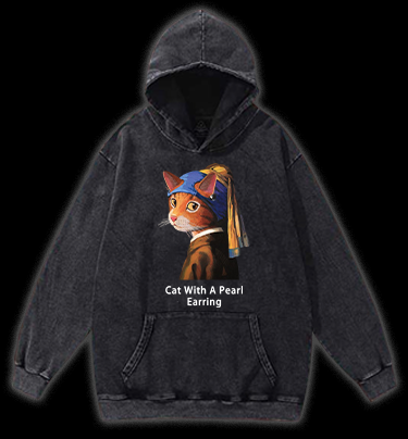 Jan Vermeer:Cat With A Pearl Earring Shark Vintage Washed 100% Cotton Hoodie