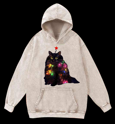 Christmas Lights Cat Vintage Washed 100% Cotton Hoodie