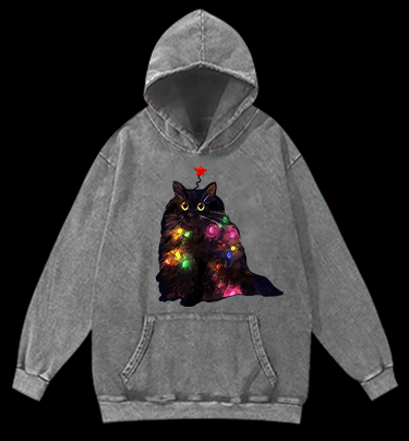 Christmas Lights Cat Vintage Washed 100% Cotton Hoodie