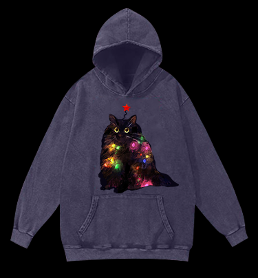 Christmas Lights Cat Vintage Washed 100% Cotton Hoodie