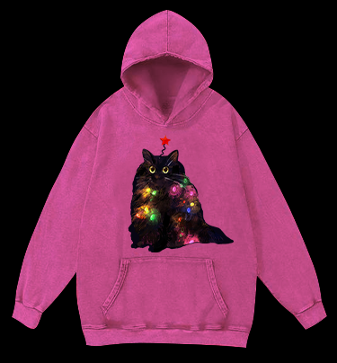 Christmas Lights Cat Vintage Washed 100% Cotton Hoodie