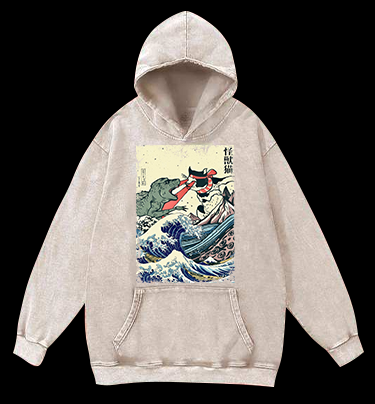 Retro Japanese Great Wave Cat VS Monster Vintage Washed 100% Cotton Hoodie