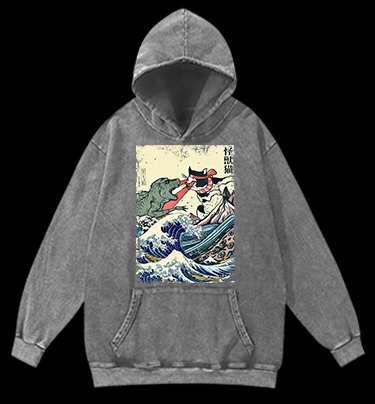 Retro Japanese Great Wave Cat VS Monster Vintage Washed 100% Cotton Hoodie