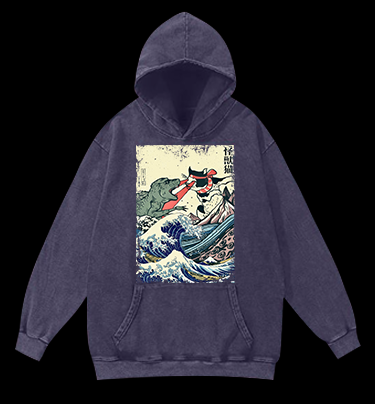 Retro Japanese Great Wave Cat VS Monster Vintage Washed 100% Cotton Hoodie