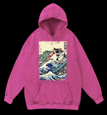 Retro Japanese Great Wave Cat VS Monster Vintage Washed 100% Cotton Hoodie