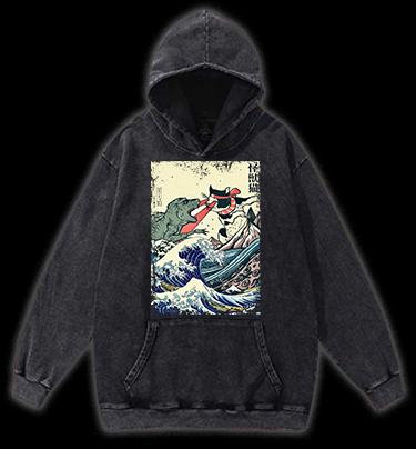 Retro Japanese Great Wave Cat VS Monster Vintage Washed 100% Cotton Hoodie
