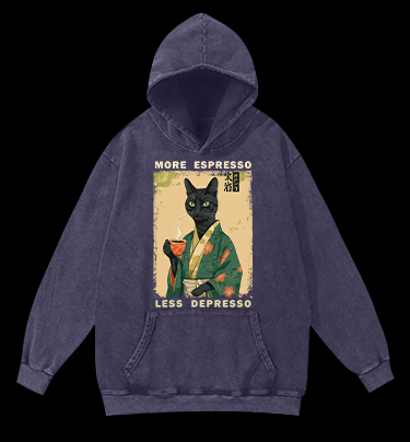 More Caffeine Less Sadness Cat Vintage Washed 100% Cotton Hoodie