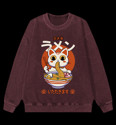 The Cat Eating Ramen Vintage Washed 100% Cotton Sweatshirt