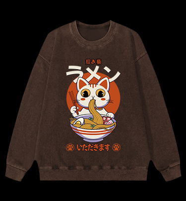 The Cat Eating Ramen Vintage Washed 100% Cotton Sweatshirt