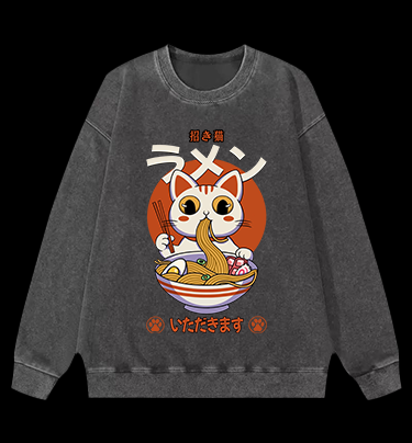 The Cat Eating Ramen Vintage Washed 100% Cotton Sweatshirt