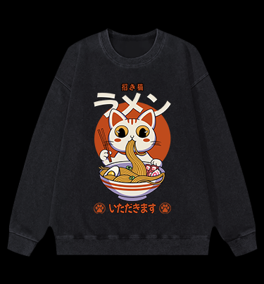 The Cat Eating Ramen Vintage Washed 100% Cotton Sweatshirt