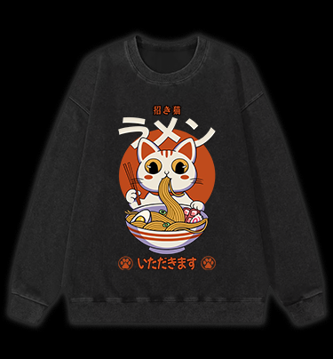The Cat Eating Ramen Vintage Washed 100% Cotton Sweatshirt