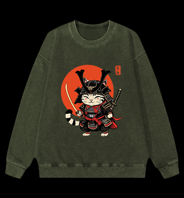 Cat Swordmaster Vintage Washed 100% Cotton Sweatshirt