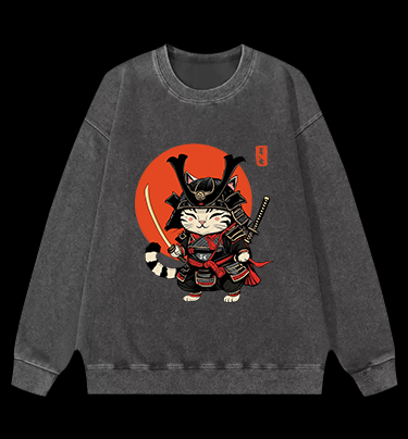 Cat Swordmaster Vintage Washed 100% Cotton Sweatshirt