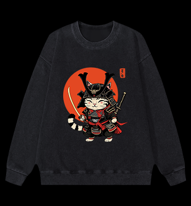 Cat Swordmaster Vintage Washed 100% Cotton Sweatshirt