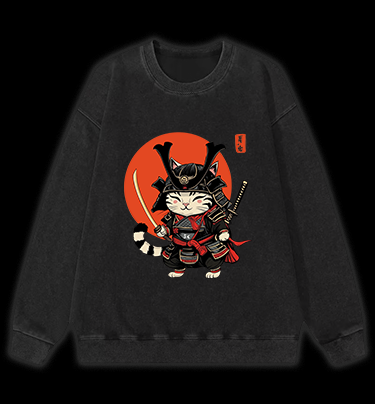 Cat Swordmaster Vintage Washed 100% Cotton Sweatshirt