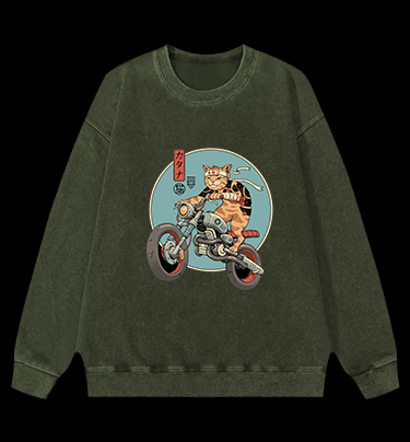 Cat Rider Vintage Washed 100% Cotton Sweatshirt