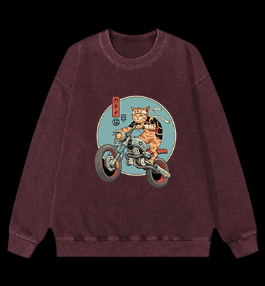 Cat Rider Vintage Washed 100% Cotton Sweatshirt